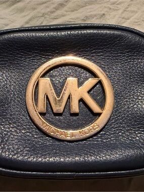 Michael Kors Navy Leather Pouch with Gold-Tone Zipper